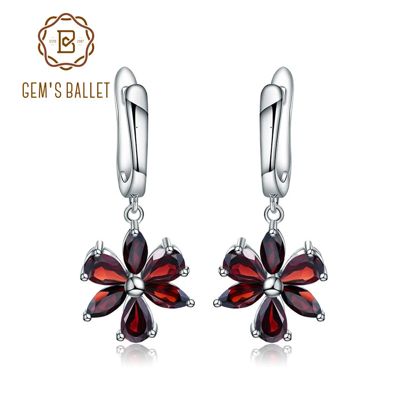 Gems Ballet Garnet Sterling Silver Flower Design Earrings