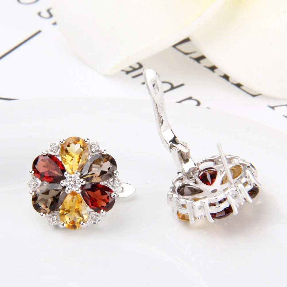 Gem's Ballet Clip Earrings Citrine Garnet Flower Shape