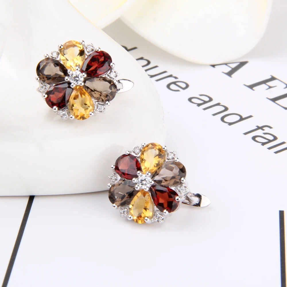 Gem's Ballet Clip Earrings Citrine Garnet Flower Shape