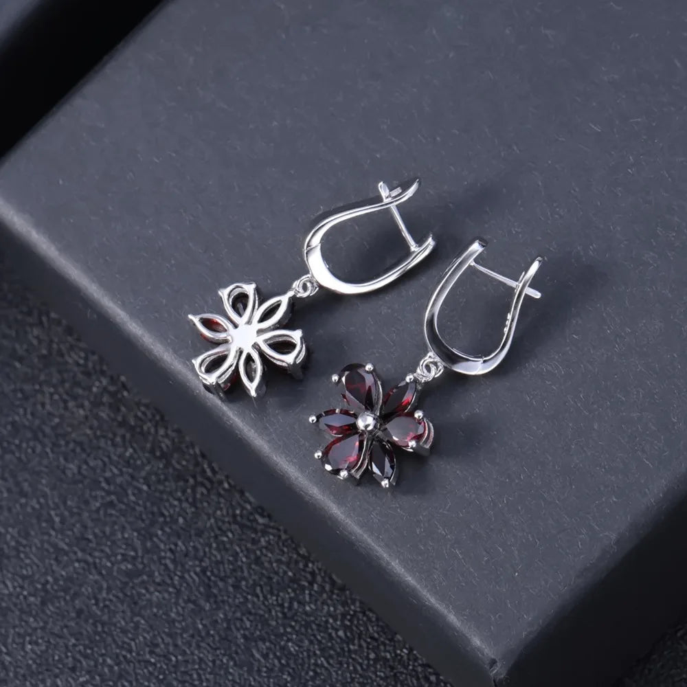 Gems Ballet Garnet Sterling Silver Flower Design Earrings