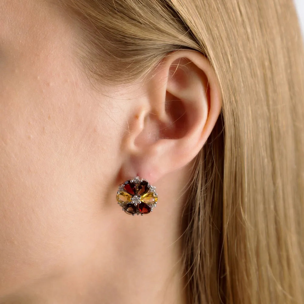 Gem's Ballet Clip Earrings Citrine Garnet Flower Shape