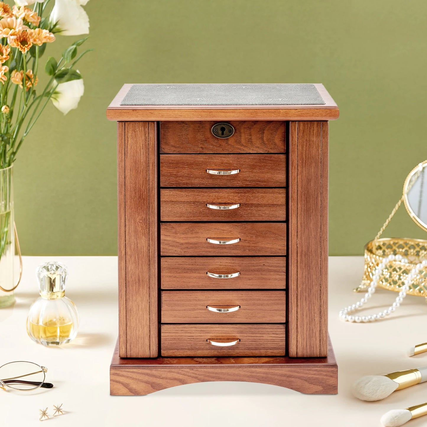 Sichuan Walnut Jewelry Box 7 Layer MDF With Lock Lining