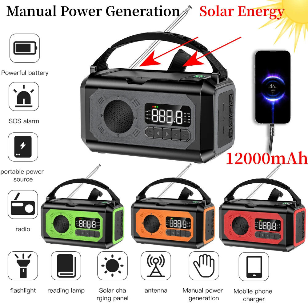 MUQZIC 12000mAh Solar Portable Emergency Radio With Light