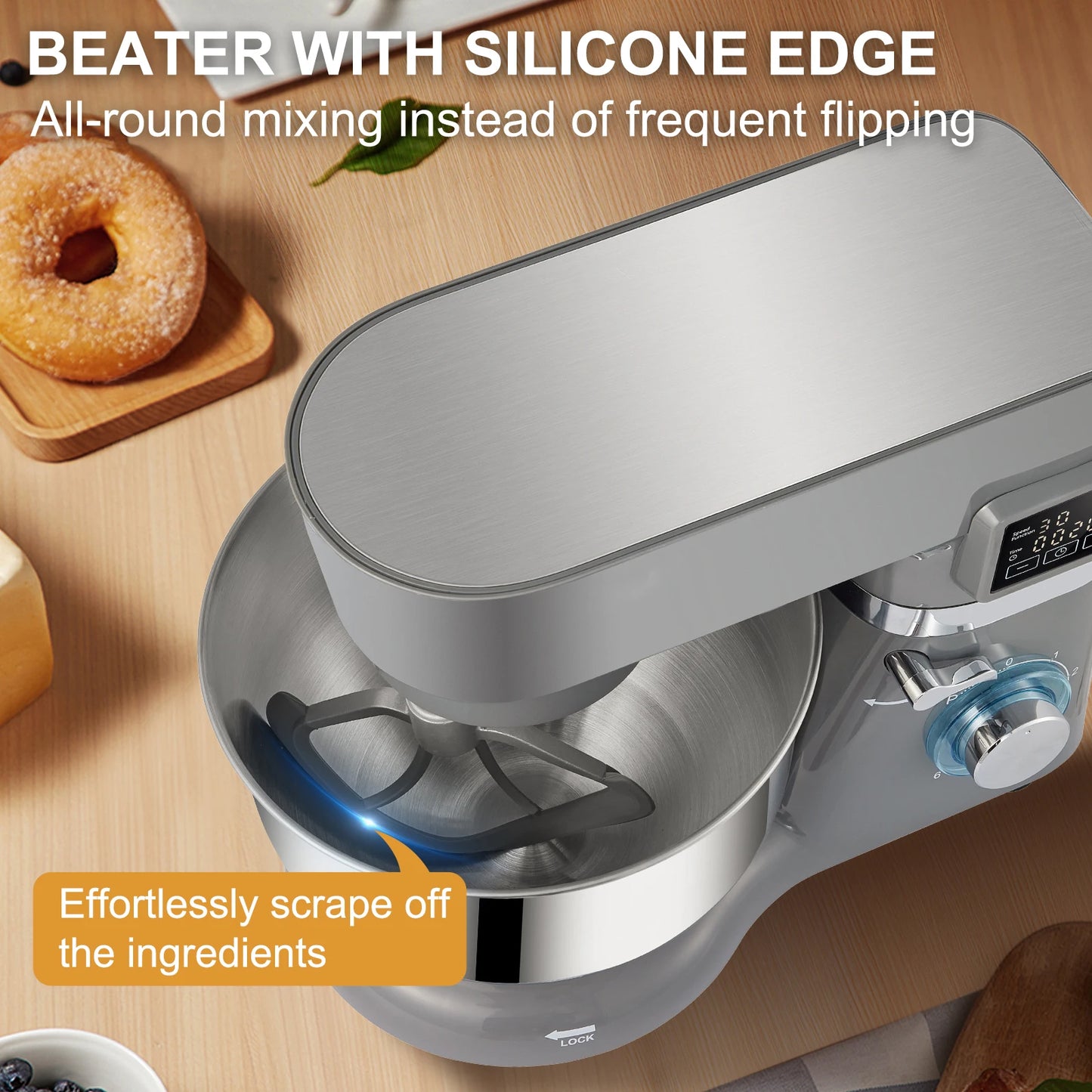 VEVOR Electric Stand Mixer With LCD 6 Speeds Steel Bowl