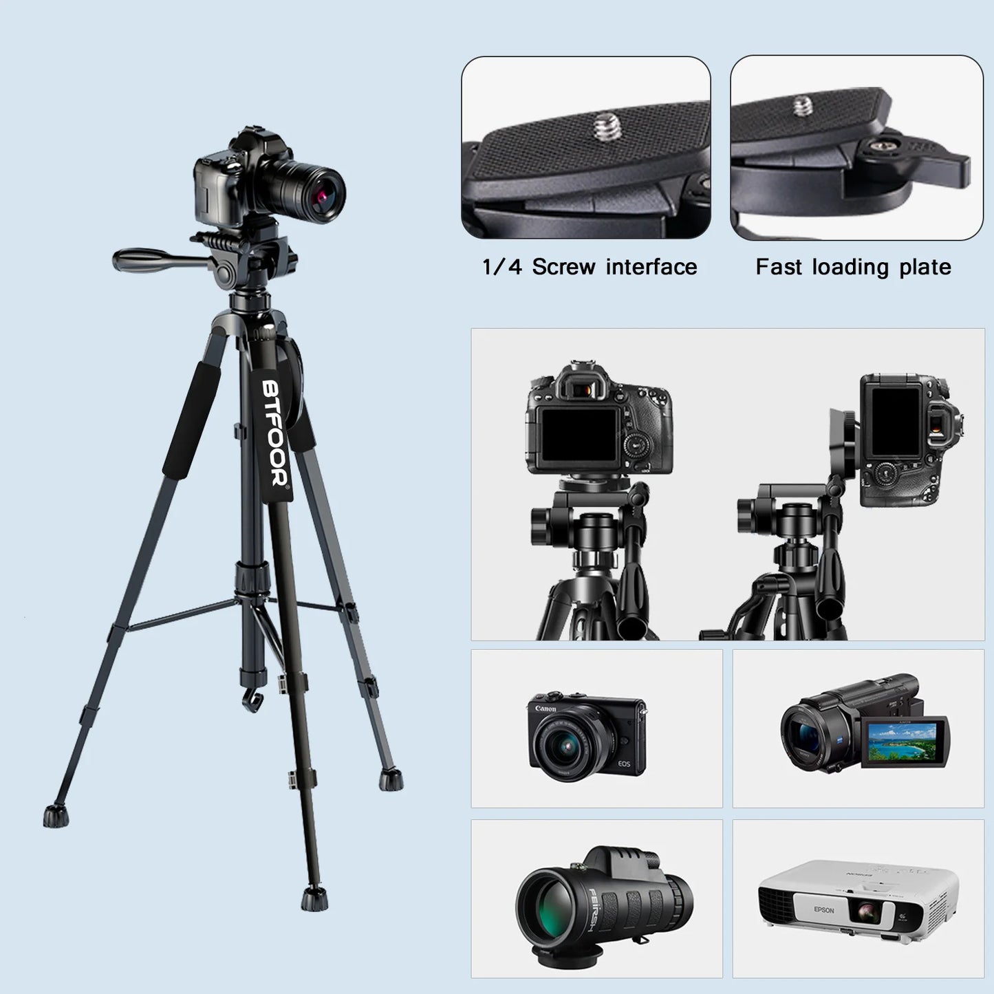 BTFOOR Phone Travel Tripod Aluminum Pan Head For DSLR
