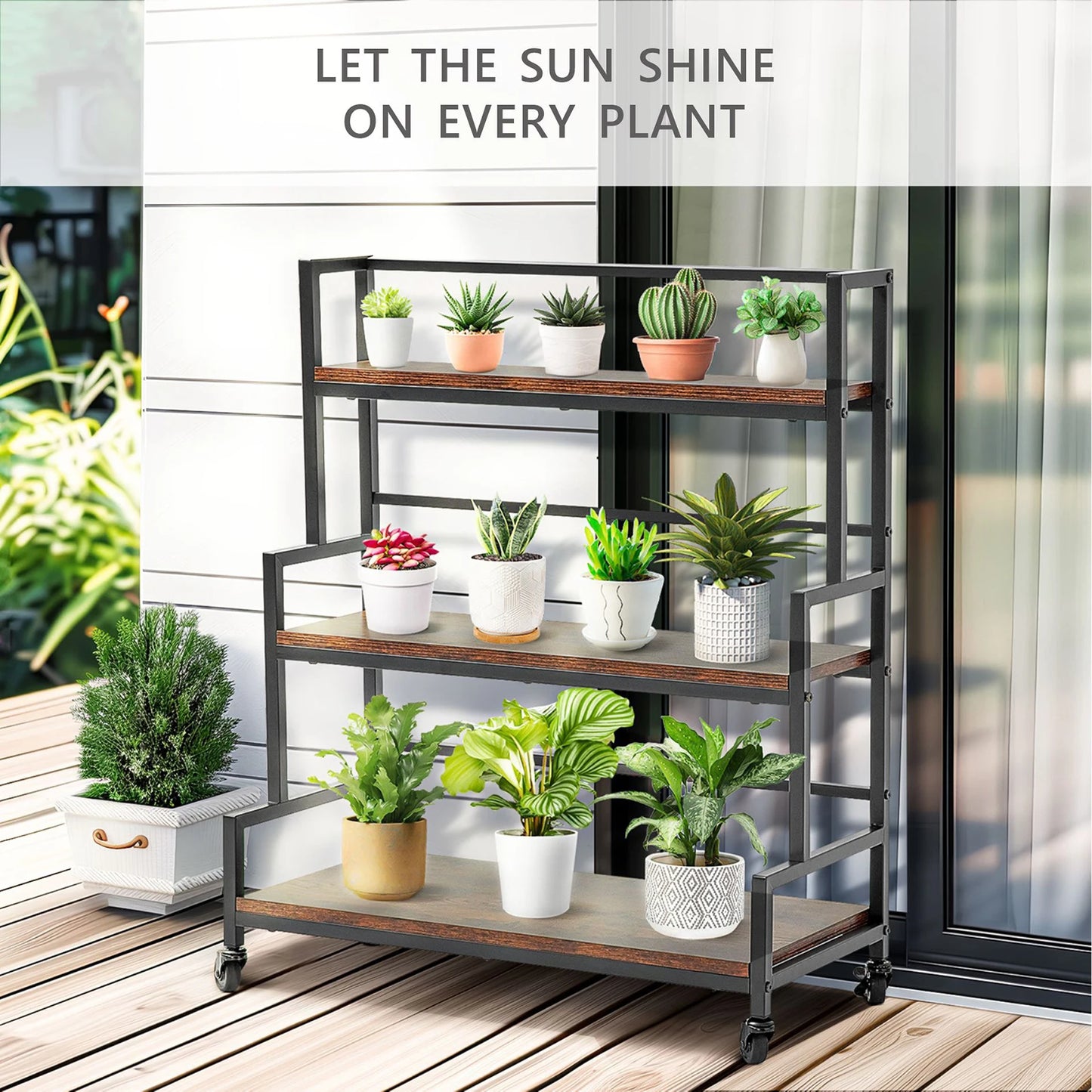 Hign-concerned 3 Tier Plant Stand On Wheels Rustic Metal