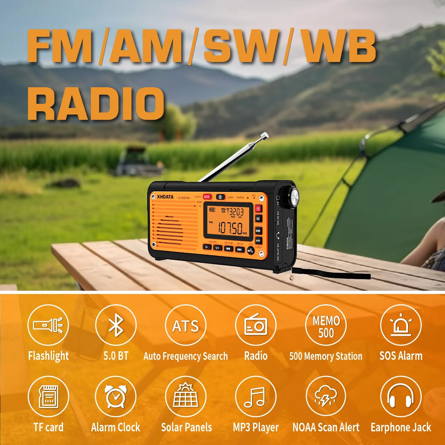 XHDATA D608WB Emergency Crank Weather Radio Bluetooth