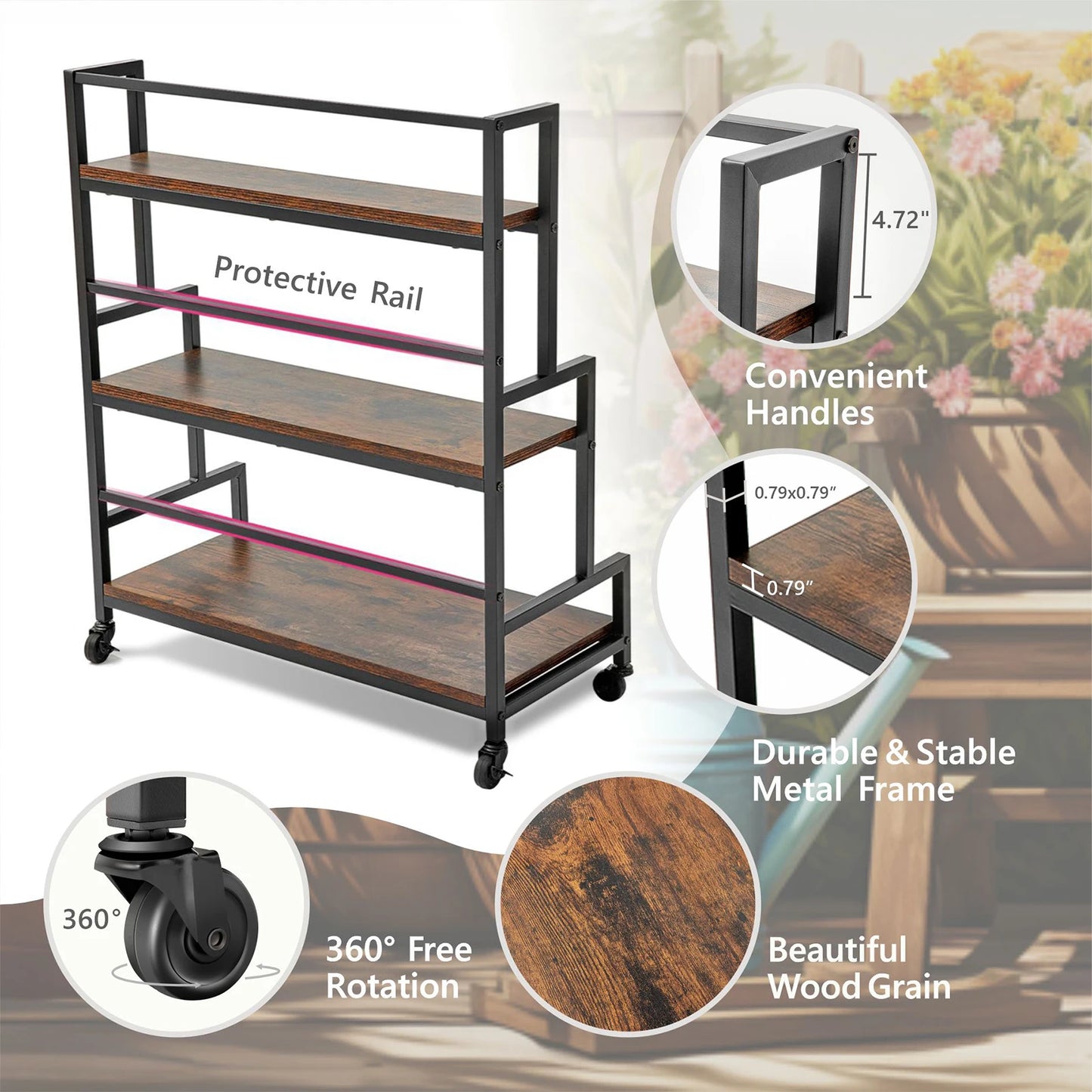 Hign-concerned 3 Tier Plant Stand On Wheels Rustic Metal