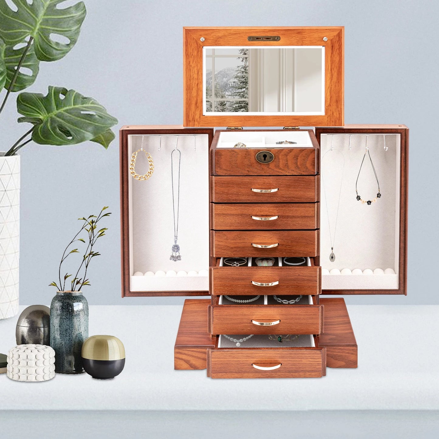 Sichuan Walnut Jewelry Box 7 Layer MDF With Lock Lining