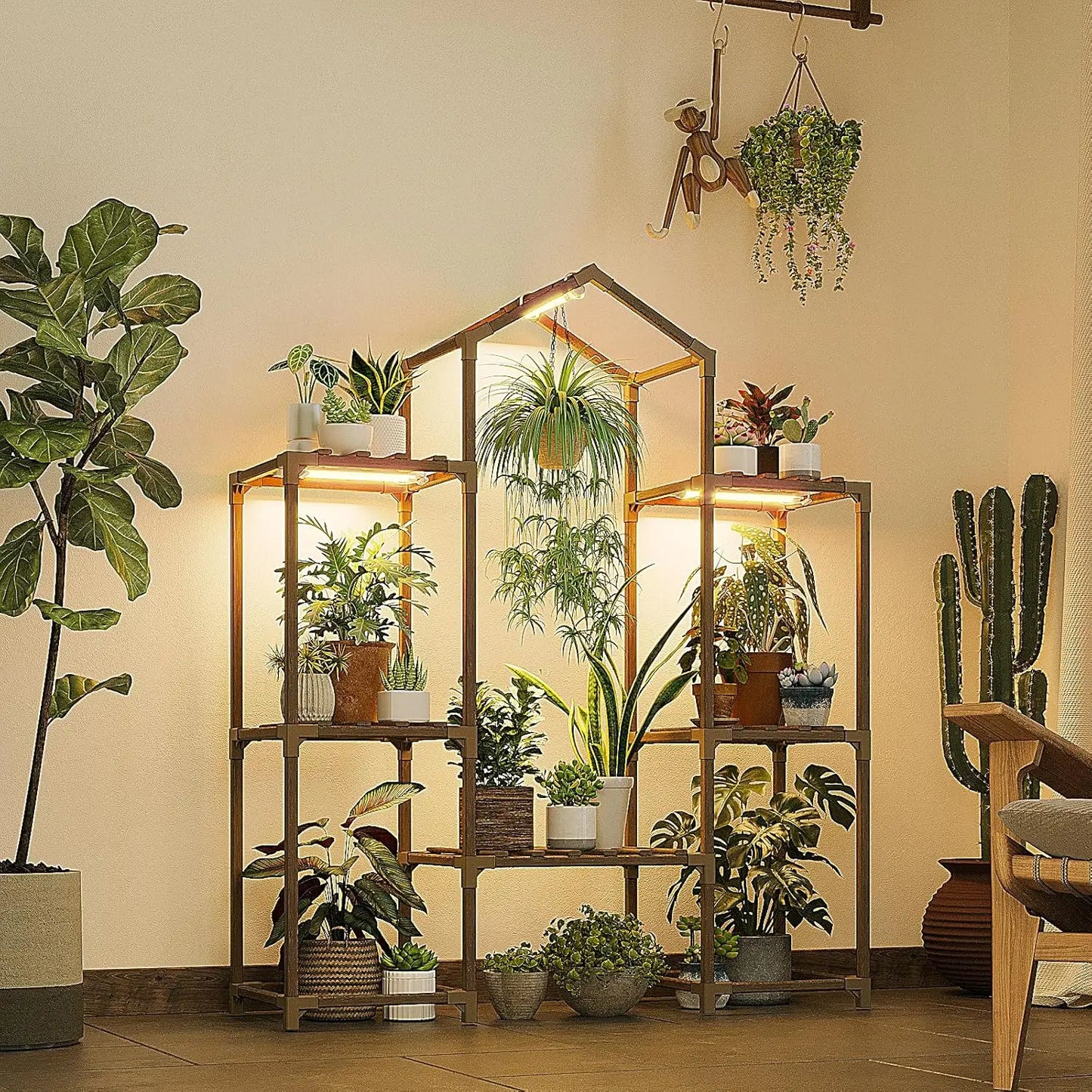 Wood Plant Shelf With Grow Lights For Indoor Hanging Planters