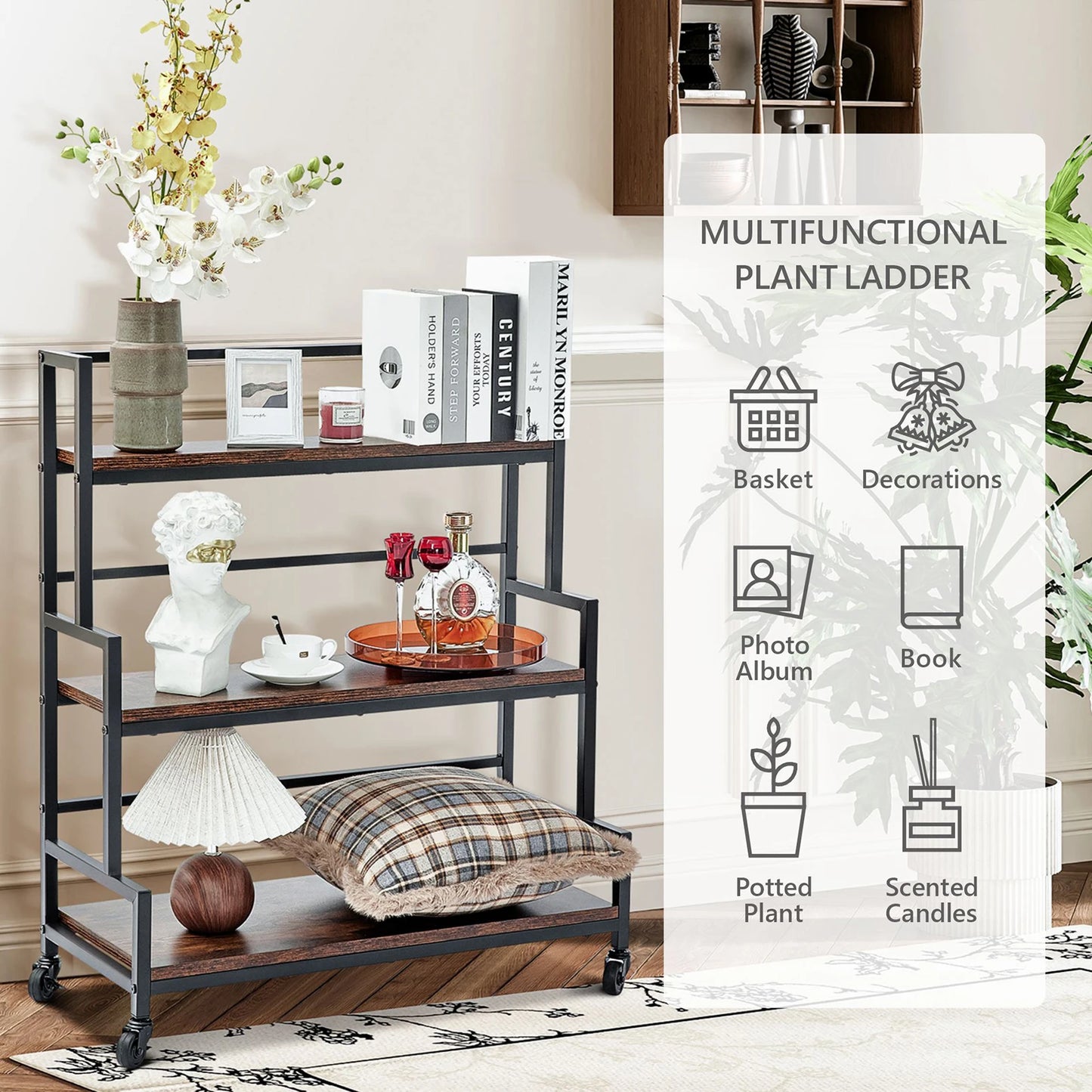 Hign-concerned 3 Tier Plant Stand On Wheels Rustic Metal