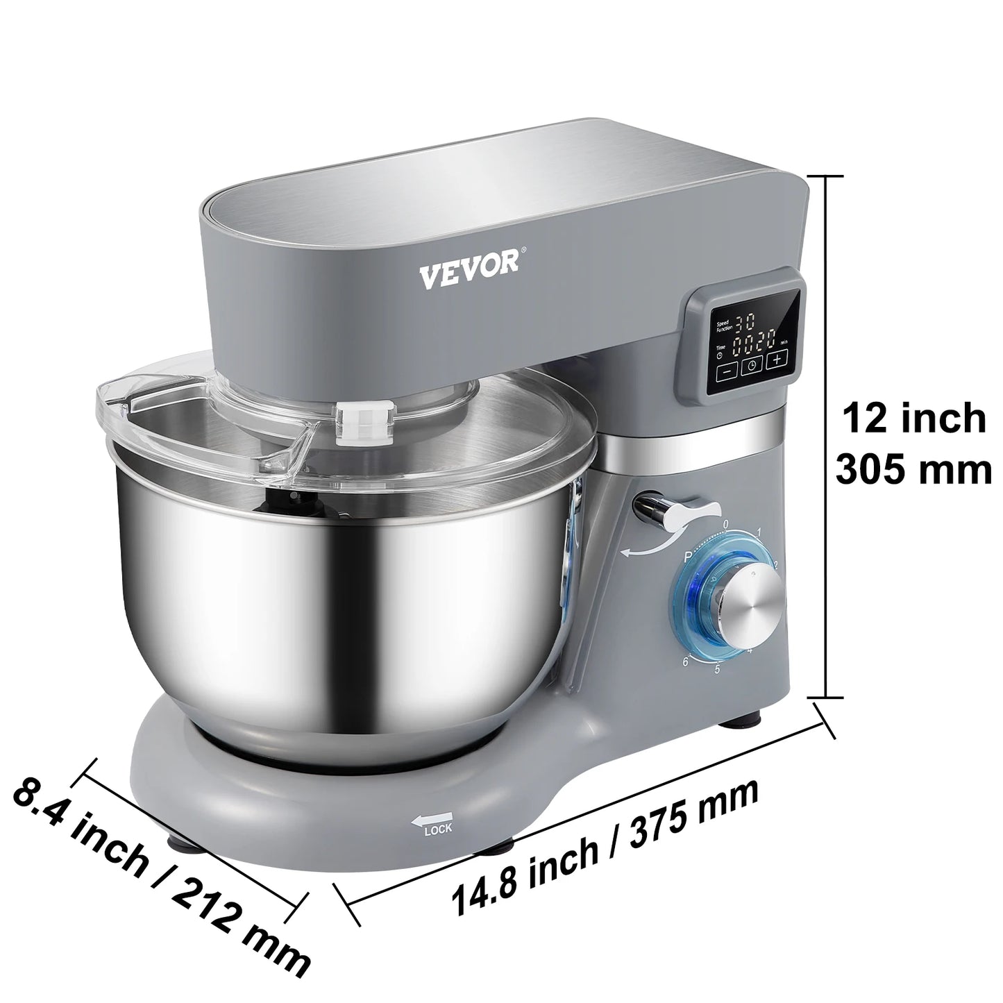 VEVOR Electric Stand Mixer With LCD 6 Speeds Steel Bowl