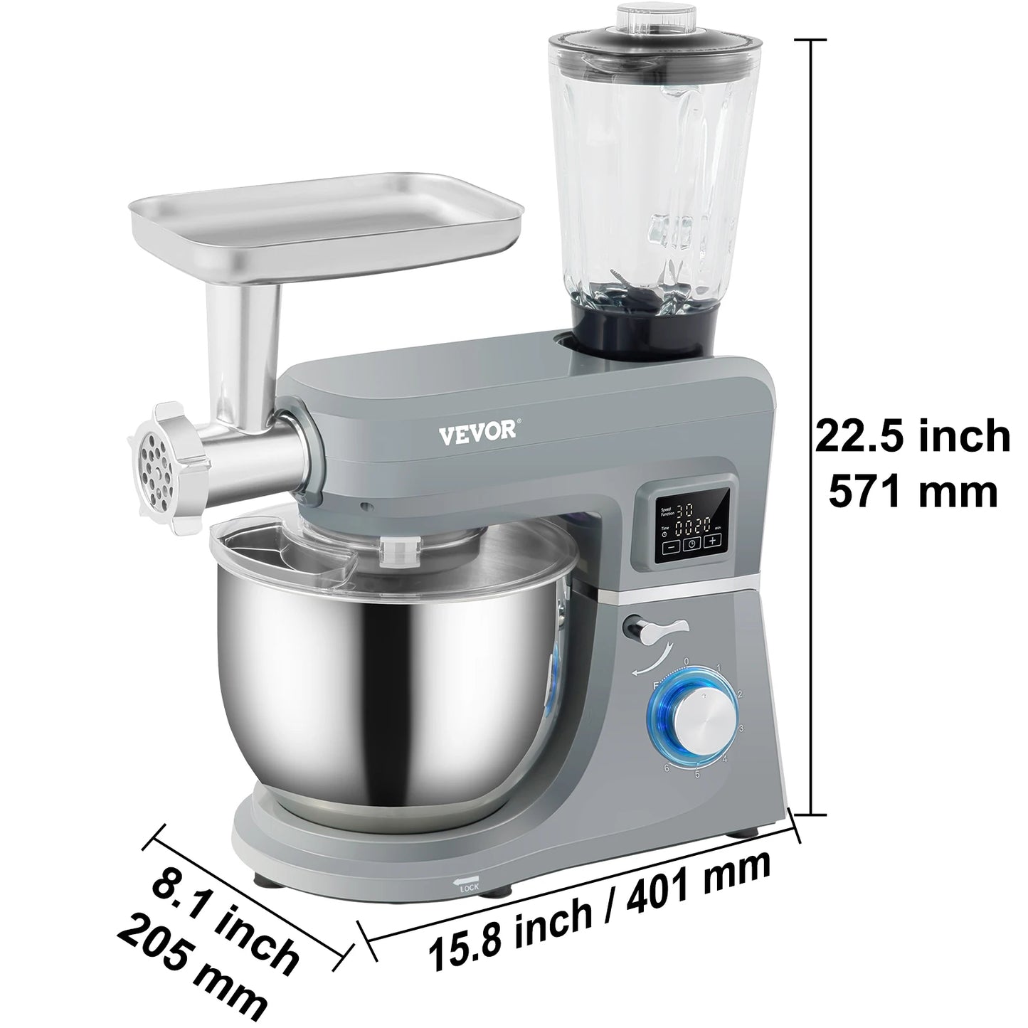 VEVOR Electric Stand Mixer With LCD 6 Speeds Steel Bowl