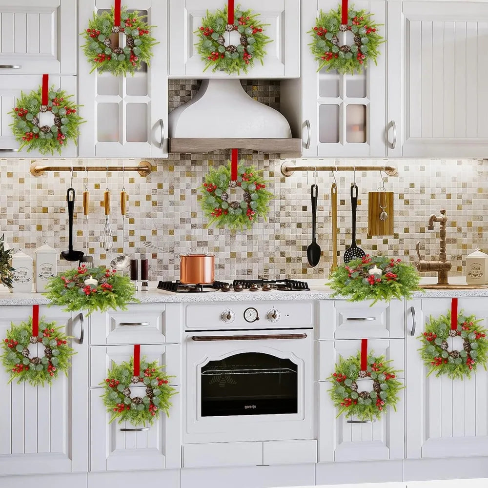 Mini Christmas Wreaths Set of 12, Ideal for Windows, Doors, Cabinets, and Candle Rings - Festive Season Decorations