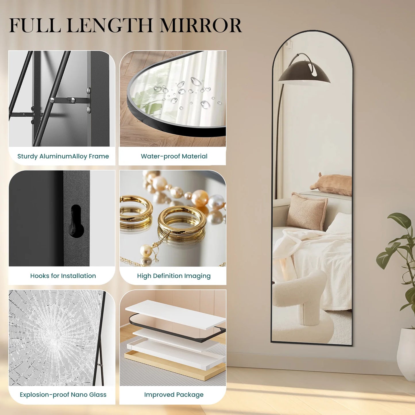JHK Full Body Wall Mirror Aluminum Frame For Bedroom