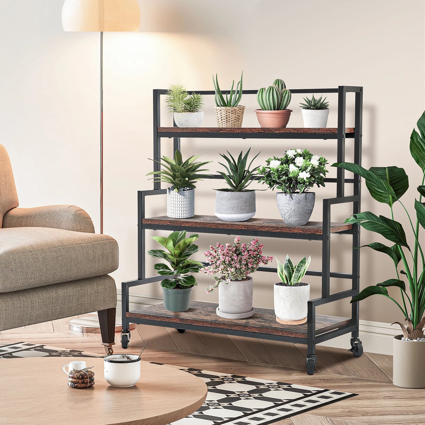 Hign-concerned 3 Tier Plant Stand On Wheels Rustic Metal