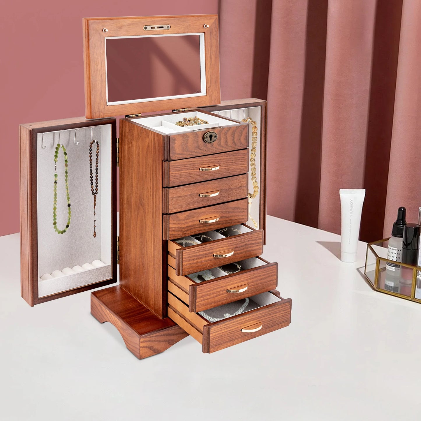 Sichuan Walnut Jewelry Box 7 Layer MDF With Lock Lining