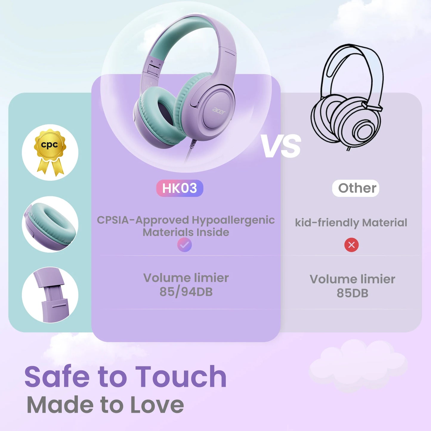 Acer Kids Headphones Wired For School With Volume Limiter