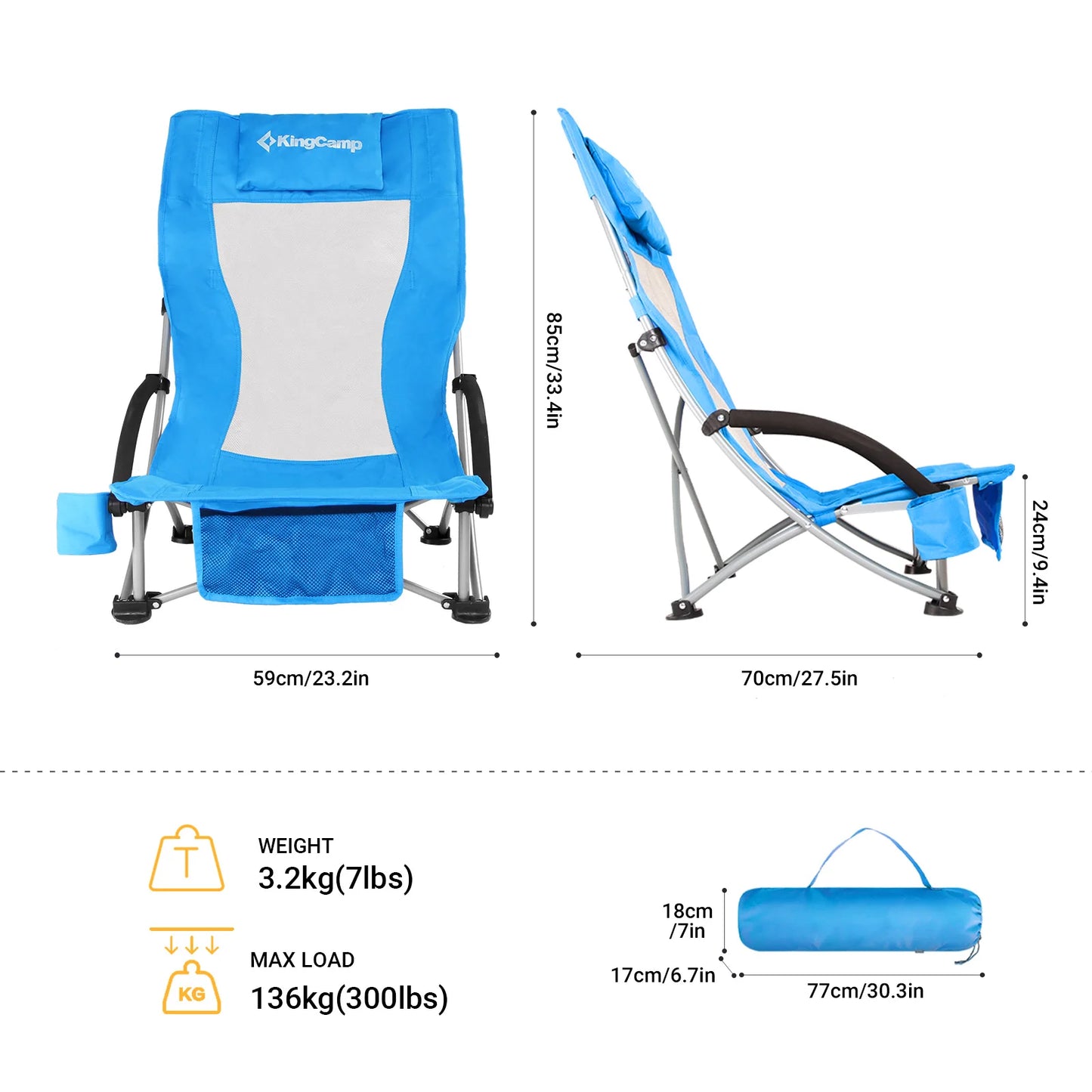 KingCamp High Back Beach Chair Padded Armrests CupHolder