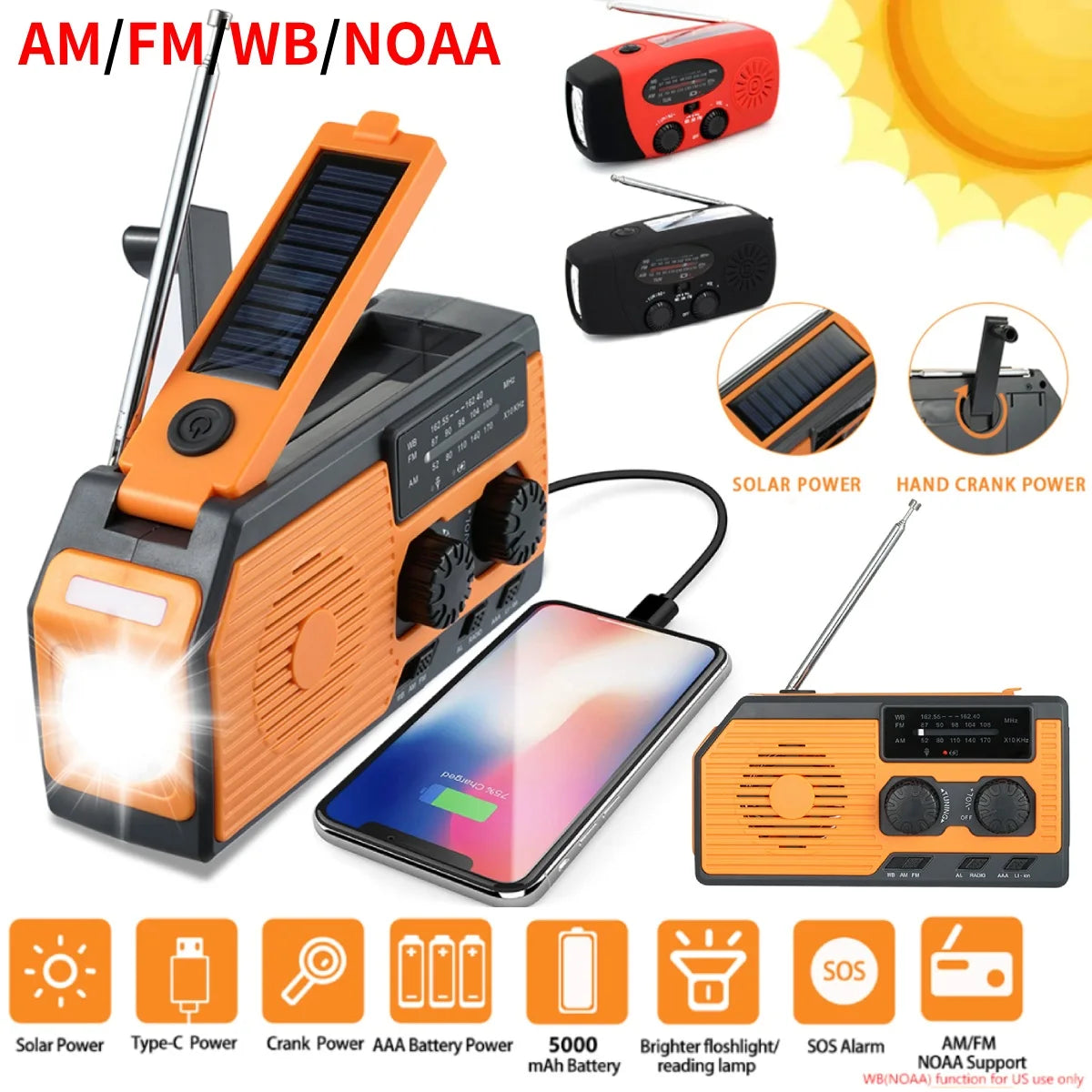 Takezero Solar Hand Crank Radio AM FM NOAA LED Flashlight