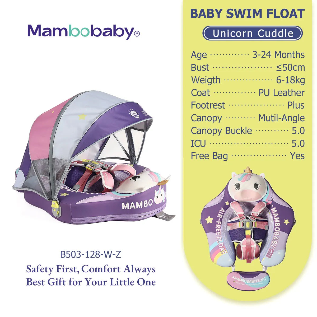 Mambobaby Unicorn Swim Float With Canopy For Toddlers