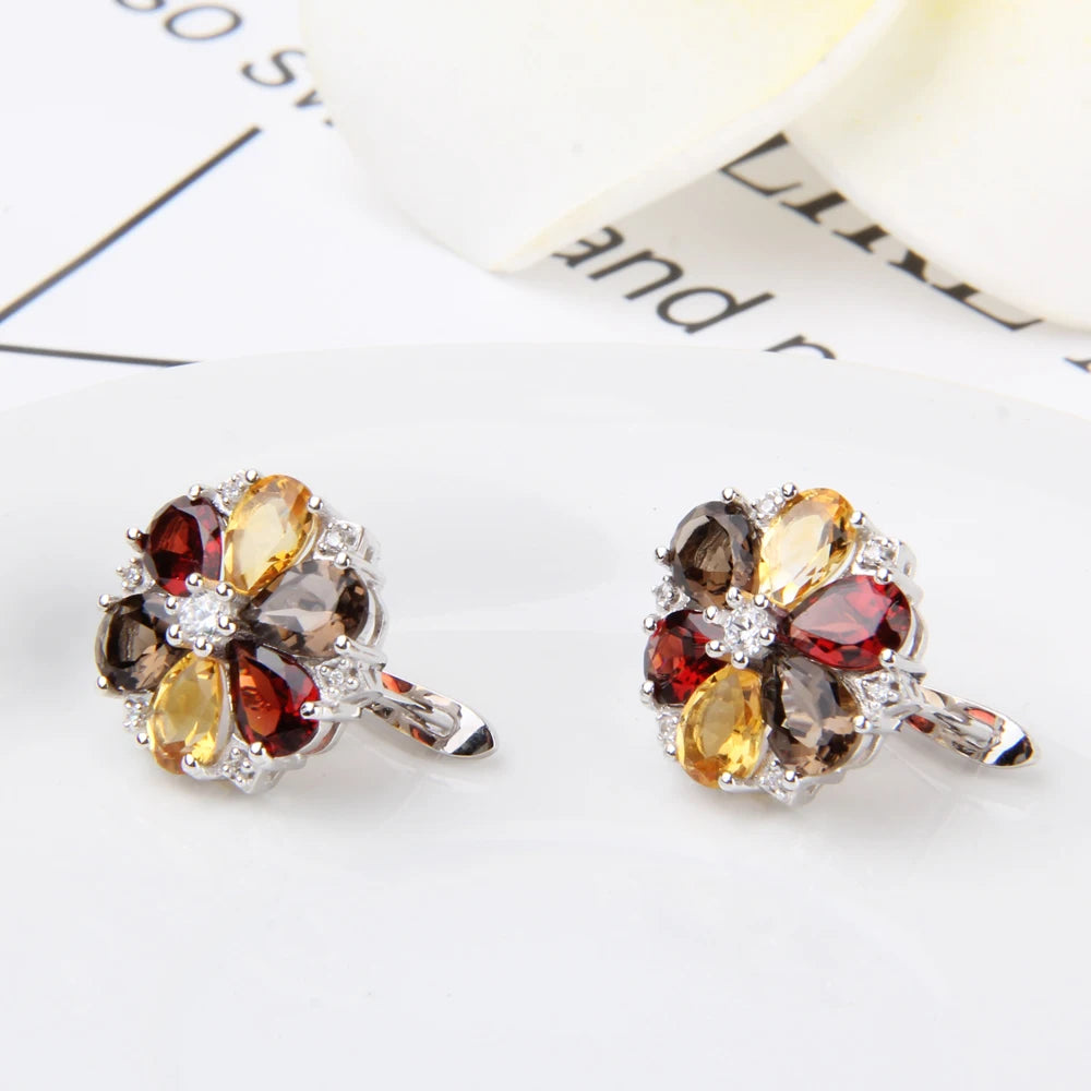 Gem's Ballet Clip Earrings Citrine Garnet Flower Shape