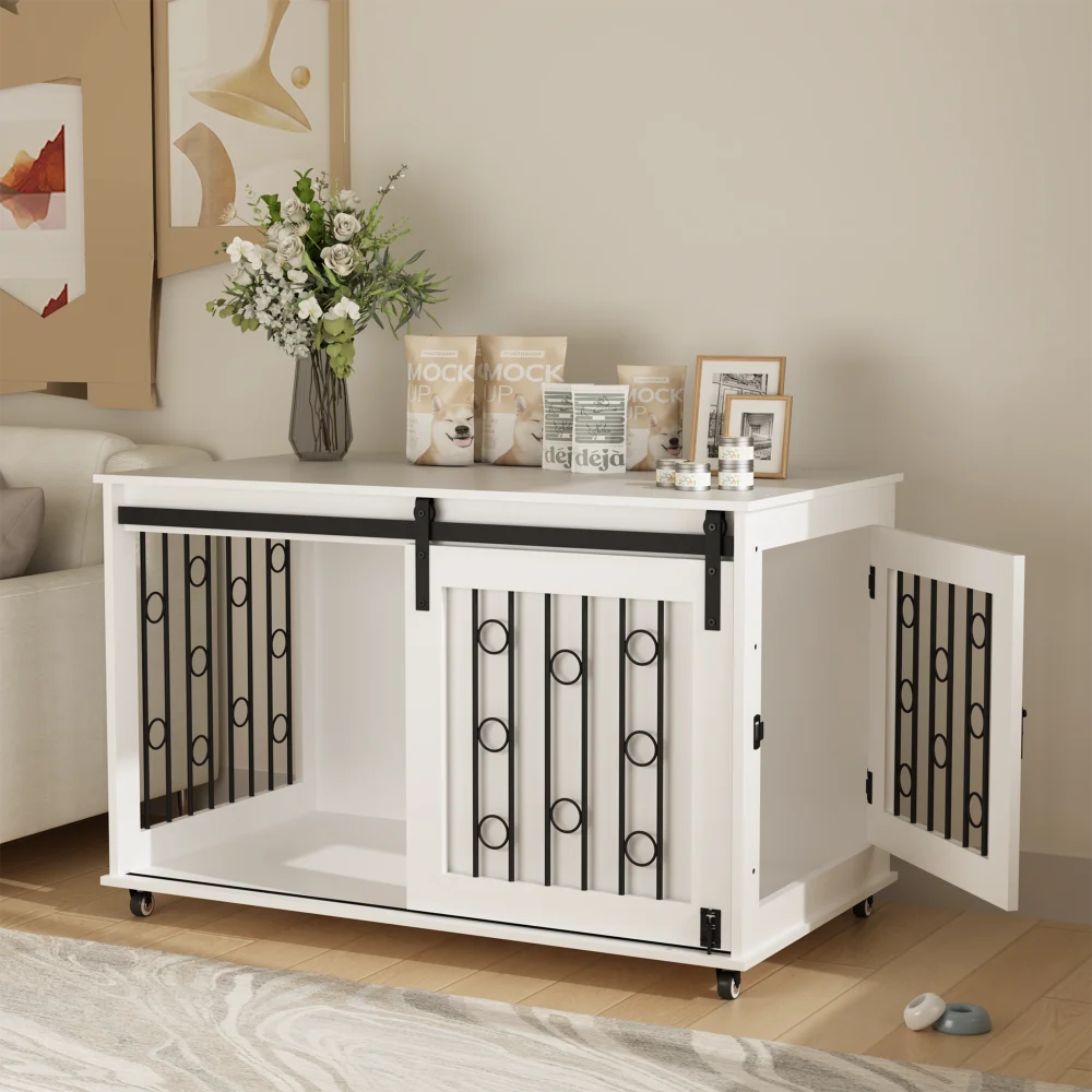 Modern Wooden Dog Crate Furniture with Sliding Barn Door and Side Door, Indoor Dog Kennel End Table for Small to Medium Dogs