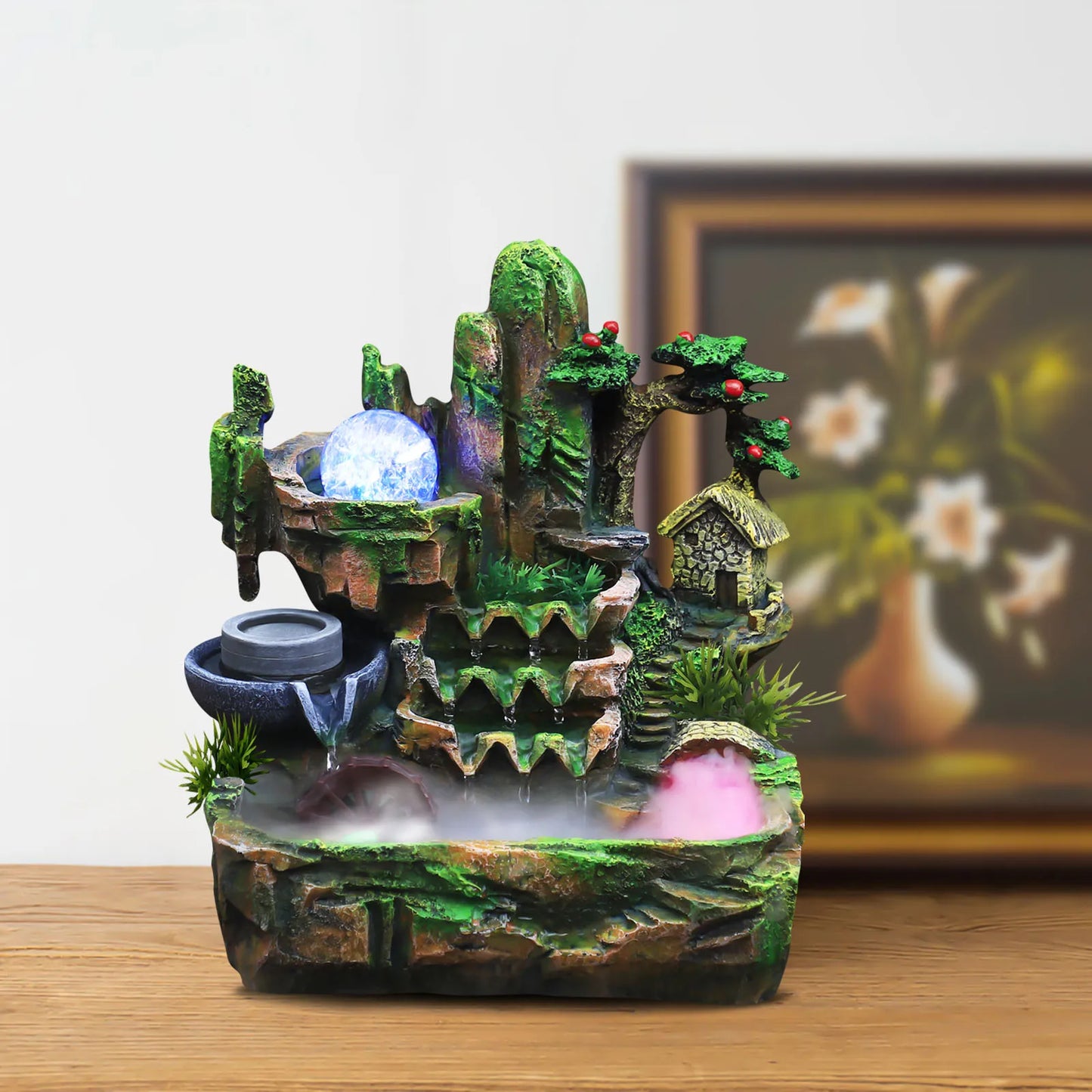 Feng Shui Desktop Water Fountain With LED Lights 110V Plug