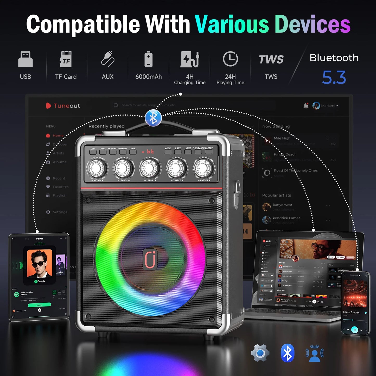 FanFun Karaoke Bluetooth Wireless Speaker LED Outdoor