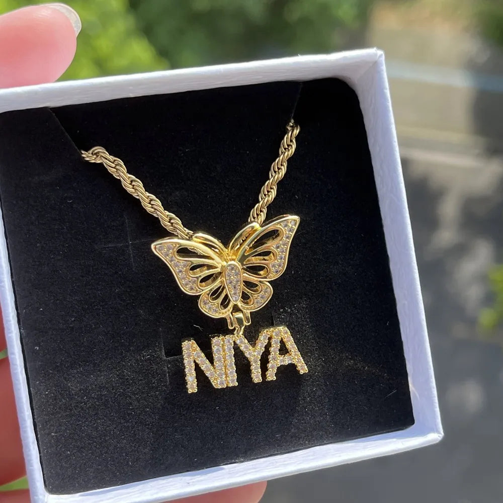 Duoying Custom Nameplate Butterfly Necklace Zircon Pendant