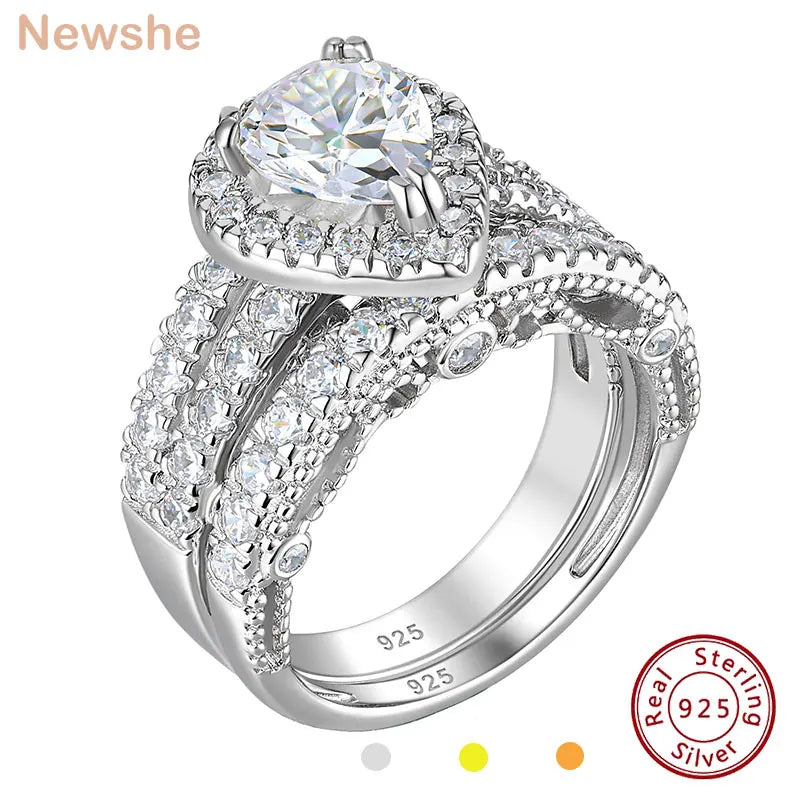 Newshe 925 Sterling Silver Pear Cut CZ Engagement Ring Set