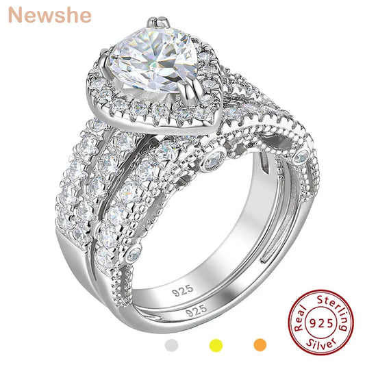 Newshe 925 Sterling Silver Pear Cut CZ Engagement Ring Set