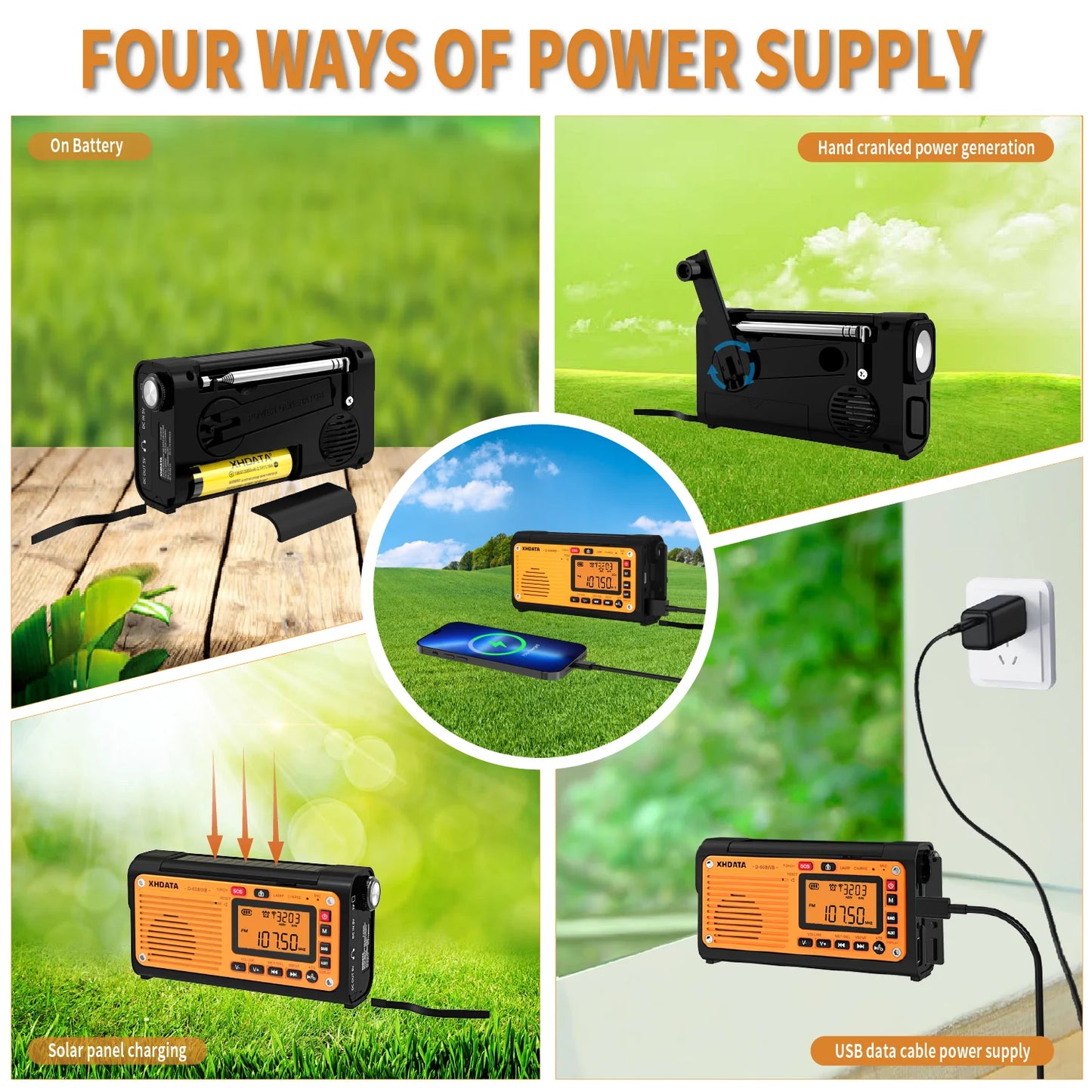 XHDATA D608WB Emergency Crank Weather Radio Bluetooth