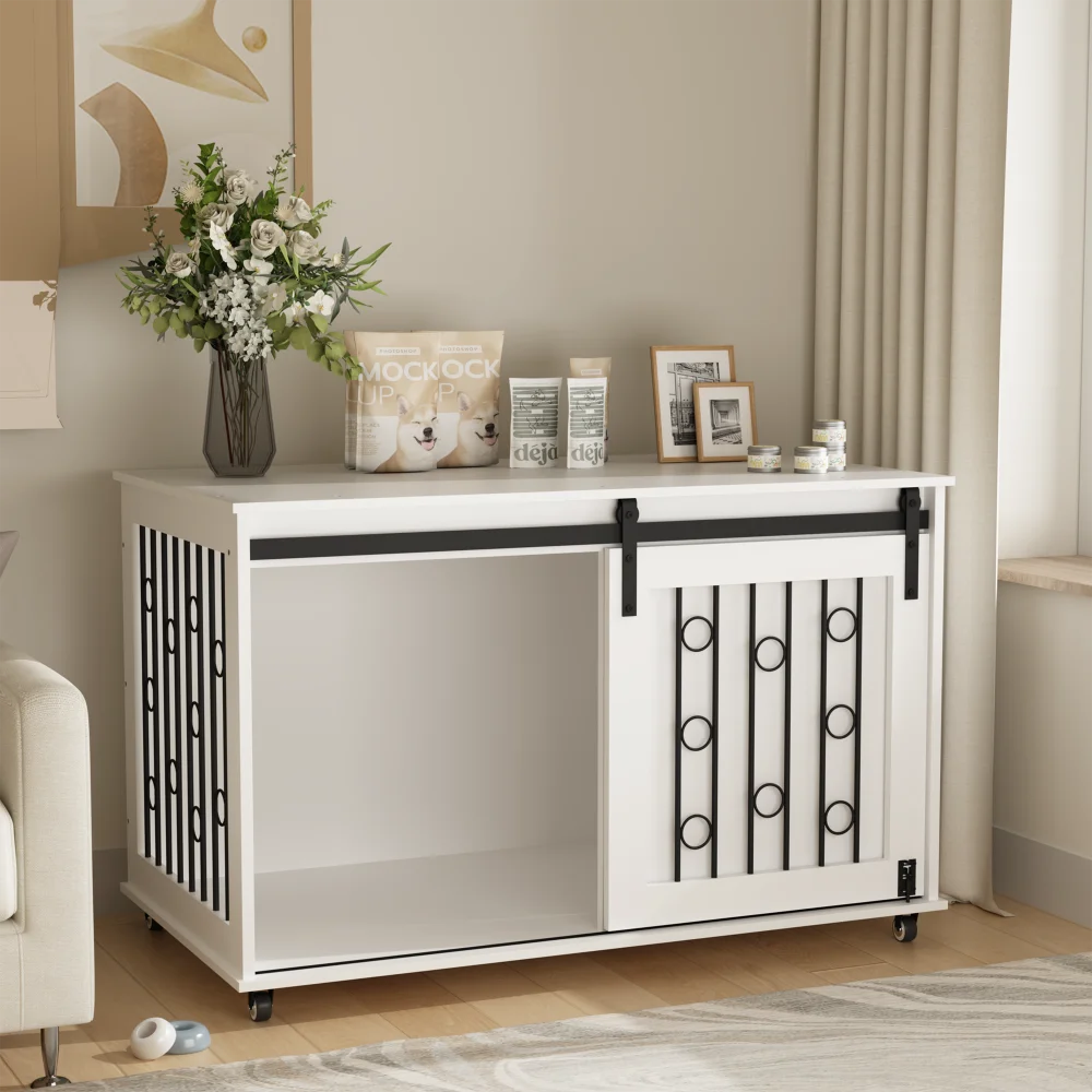 Modern Wooden Dog Crate Furniture with Sliding Barn Door and Side Door, Indoor Dog Kennel End Table for Small to Medium Dogs