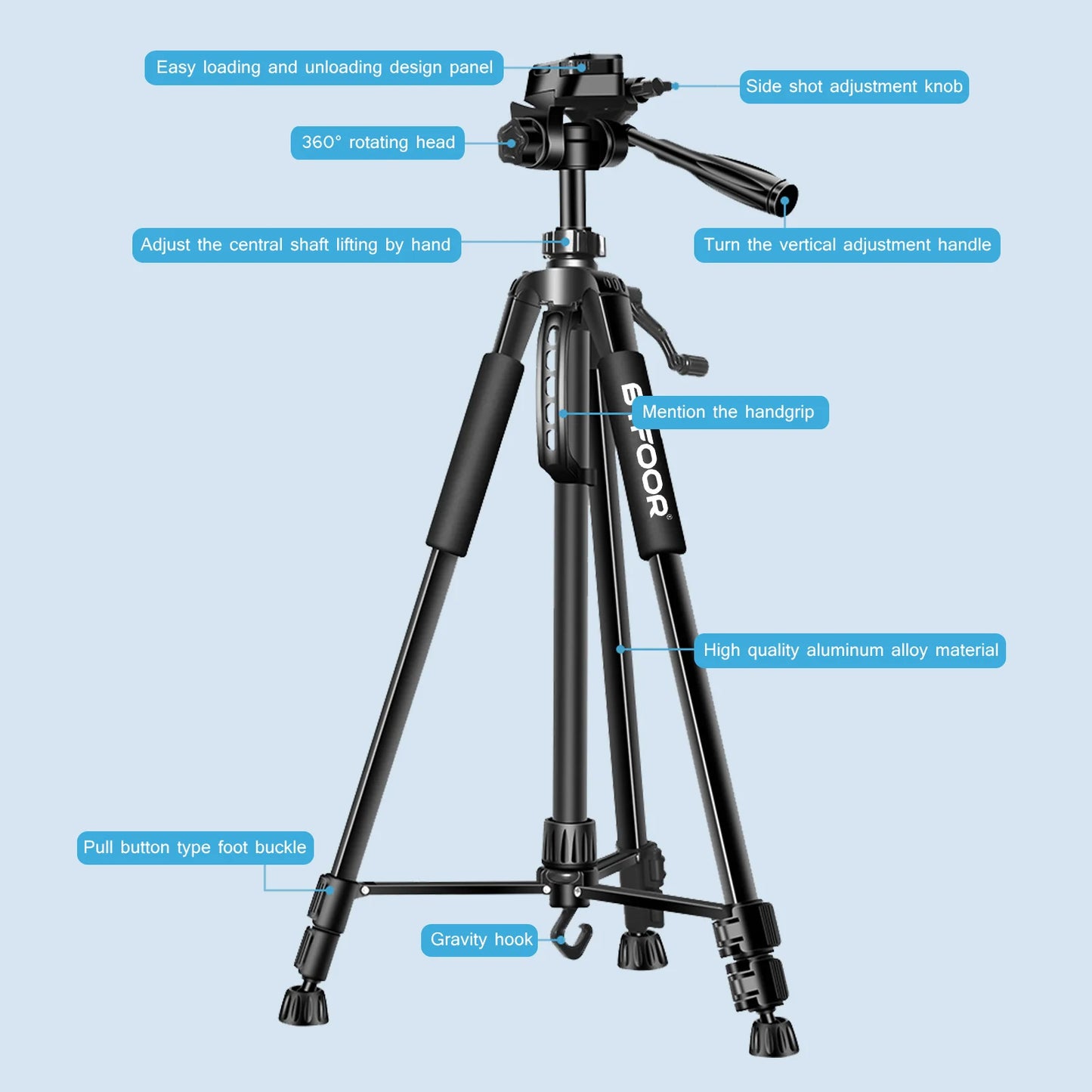 BTFOOR Phone Travel Tripod Aluminum Pan Head For DSLR