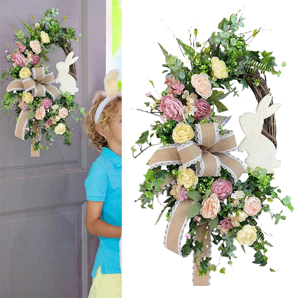 Easter Bunny Wreath Easter Wreath with Bow Spring Wreath Hanging Wreath for Home Door Garden Party Holiday Decorations