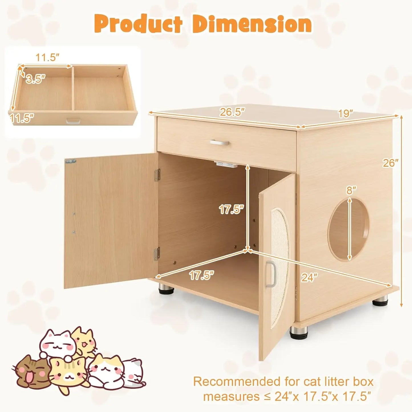 XMSJ Cat Litter Box Enclosure Hidden Washroom With Drawer