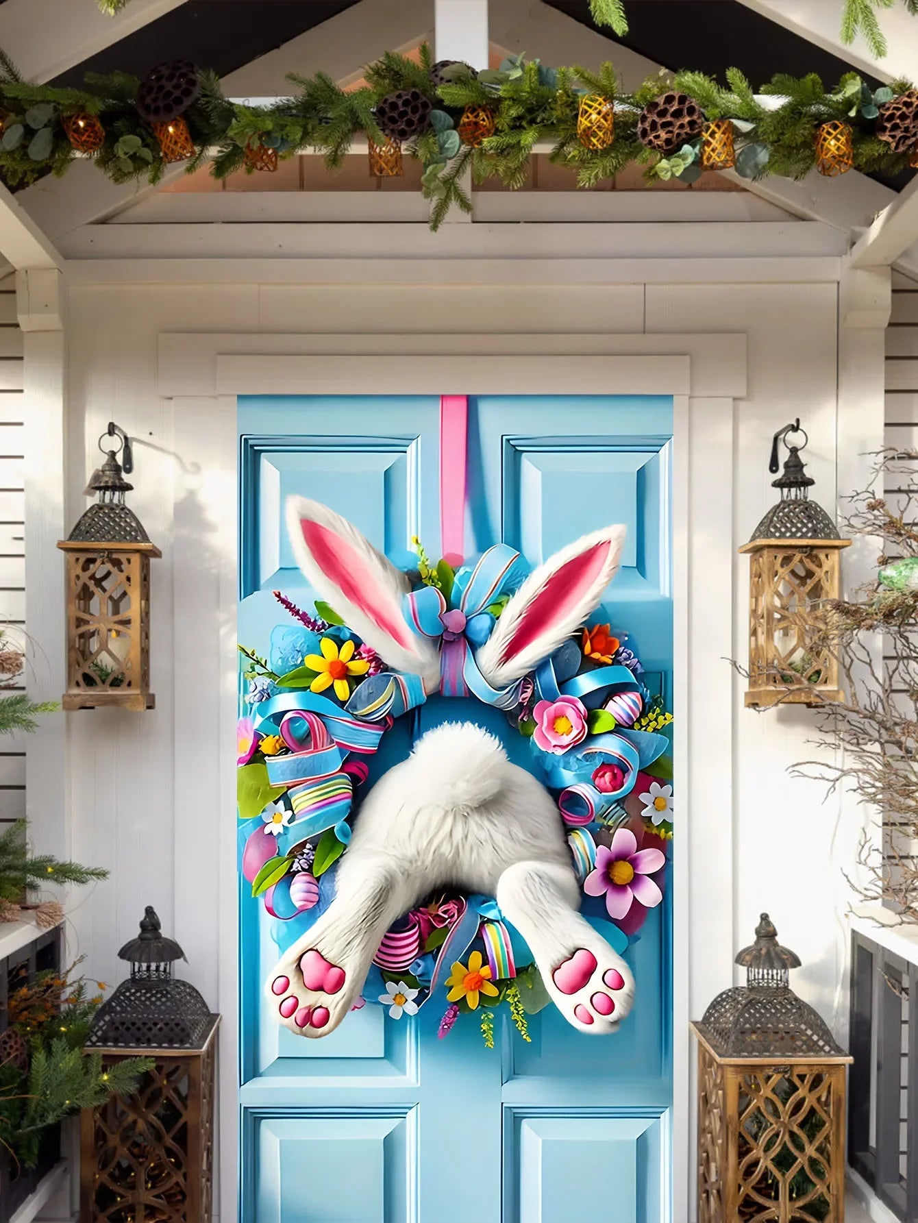 Easter Door Cover Decoration Plush Rabbit Wreath Easter Egg Coloured Ribbon Background Indoor Outdoor Porch Banner Party Supply