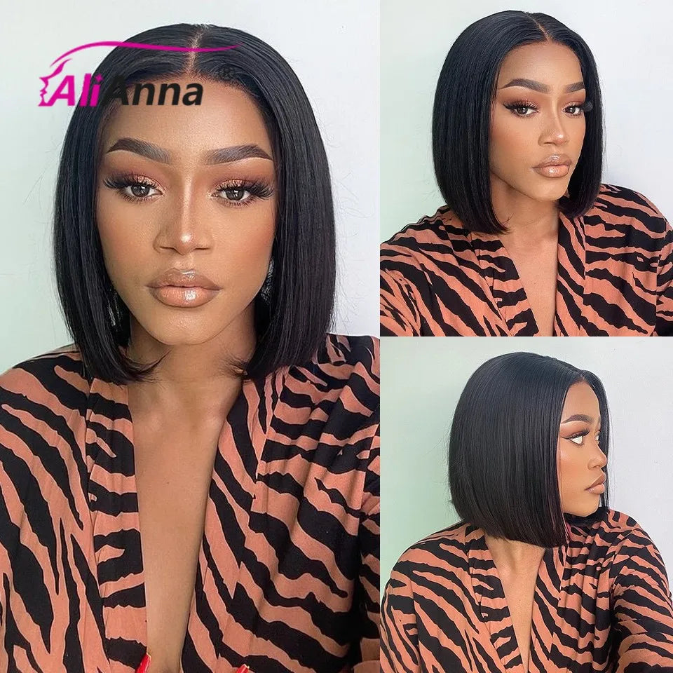 ALIANNACap Straight Glueless Human Hair Short Bob Wig Transparent Lace