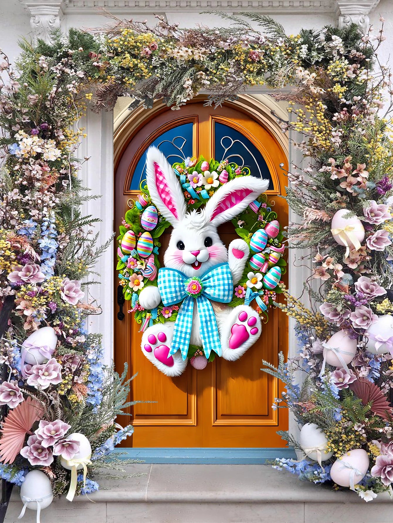 Easter Door Cover Decoration Plush Rabbit Wreath Easter Egg Coloured Ribbon Background Indoor Outdoor Porch Banner Party Supply