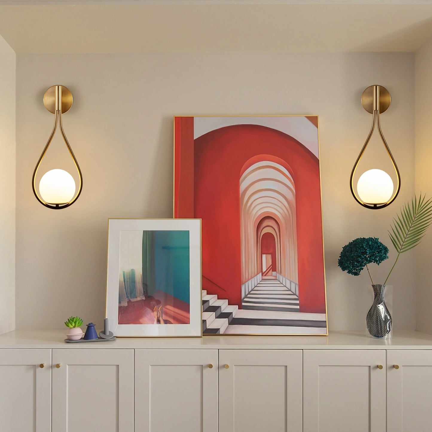 ARLGSITE Set Of 2 Modern Golden Wall Sconces Opal Glass