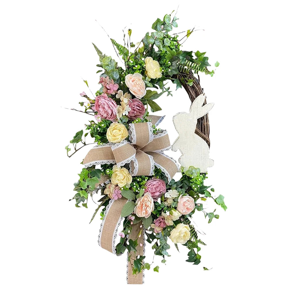 Easter Bunny Wreath Easter Wreath with Bow Spring Wreath Hanging Wreath for Home Door Garden Party Holiday Decorations