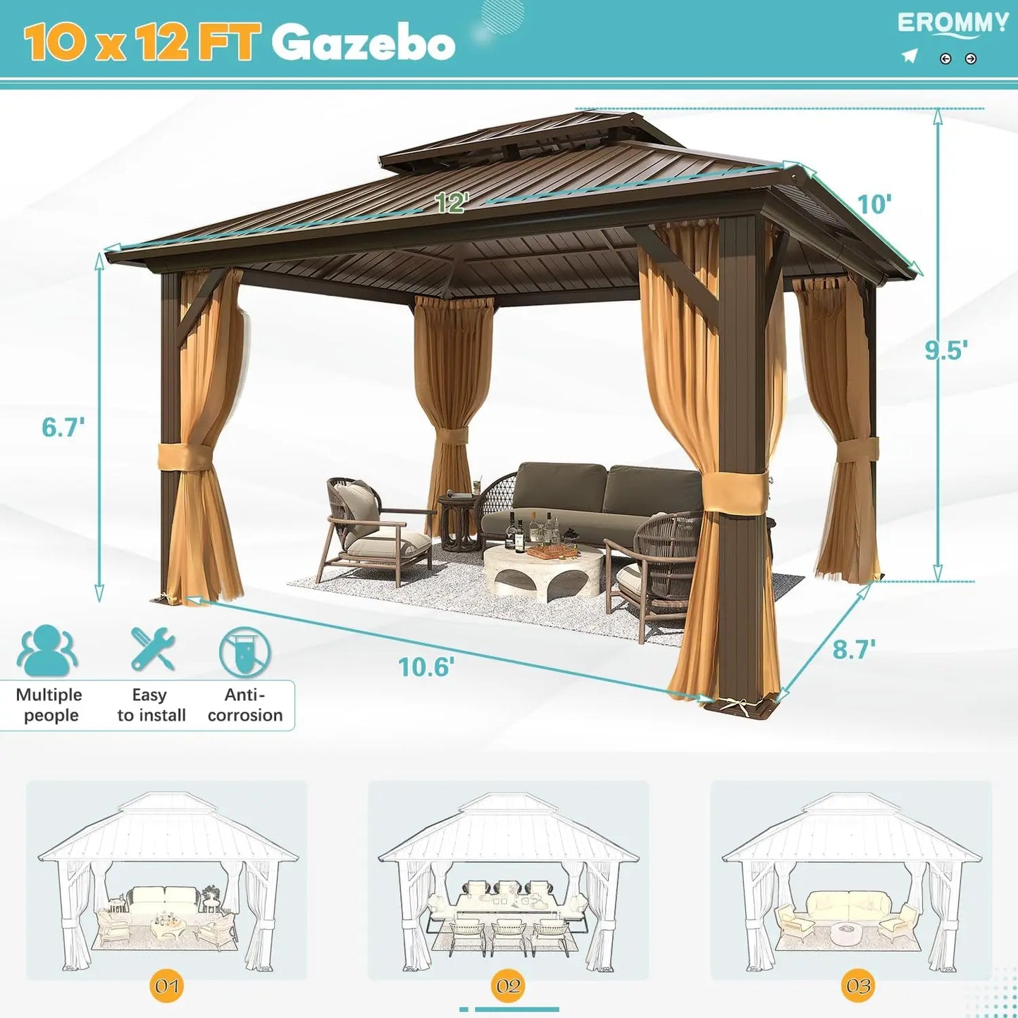 XMSJ Aluminum Frame Gazebo With Galvanized Steel Double Roof