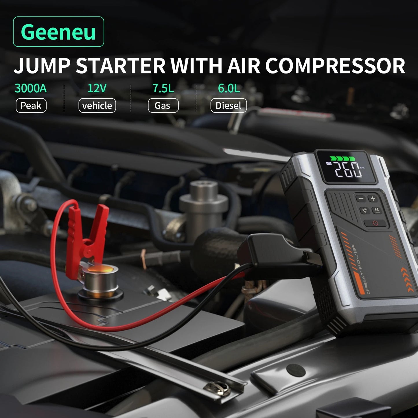 Geeneu Portable Car Jump Starter With Air Compressor 3000A Peak 150 PSI Tire Inflator