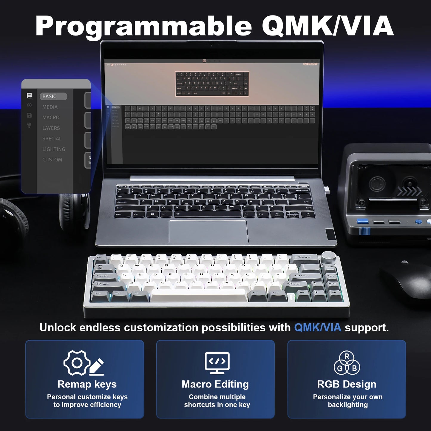 YUNZII AL68 Wireless Mechanical Keyboard QMKVIA Aluminum HotSwapKnob USBTypeCConnector