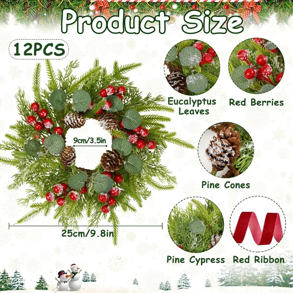 Mini Christmas Wreaths Set of 12, Ideal for Windows, Doors, Cabinets, and Candle Rings - Festive Season Decorations