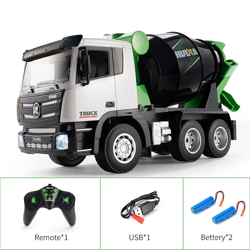 HUI NA TOYS 1:18 Scale 9-Channel Alloy RC Cement Mixer Truck With 360° Rotating Drum & MixingFunnel, Tactile Control System