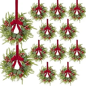 Mini Christmas Wreaths Set of 12, Ideal for Windows, Doors, Cabinets, and Candle Rings - Festive Season Decorations