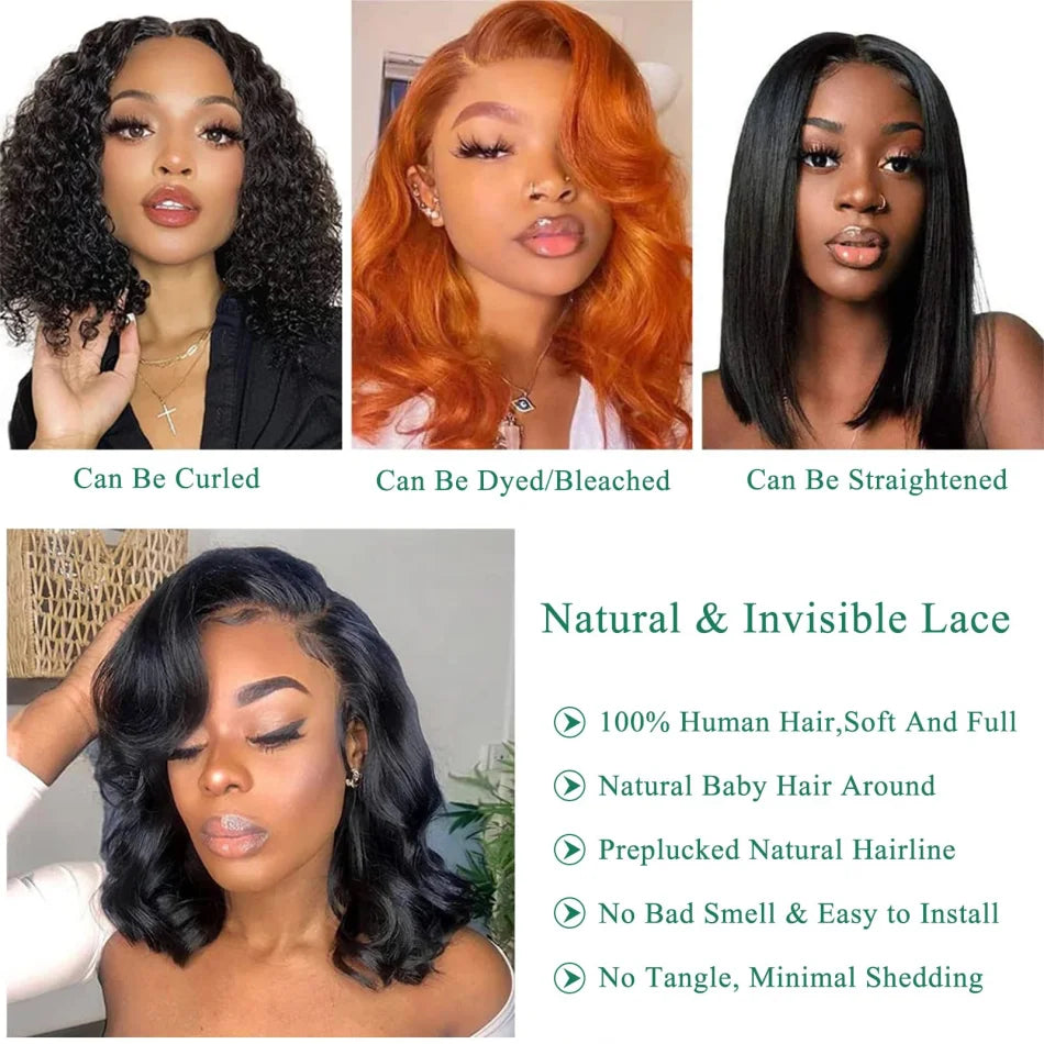 Wear And Go Glueless Bob Wig Human Hair Short Body Wave Lace Front 4x4 HD Lace Closure