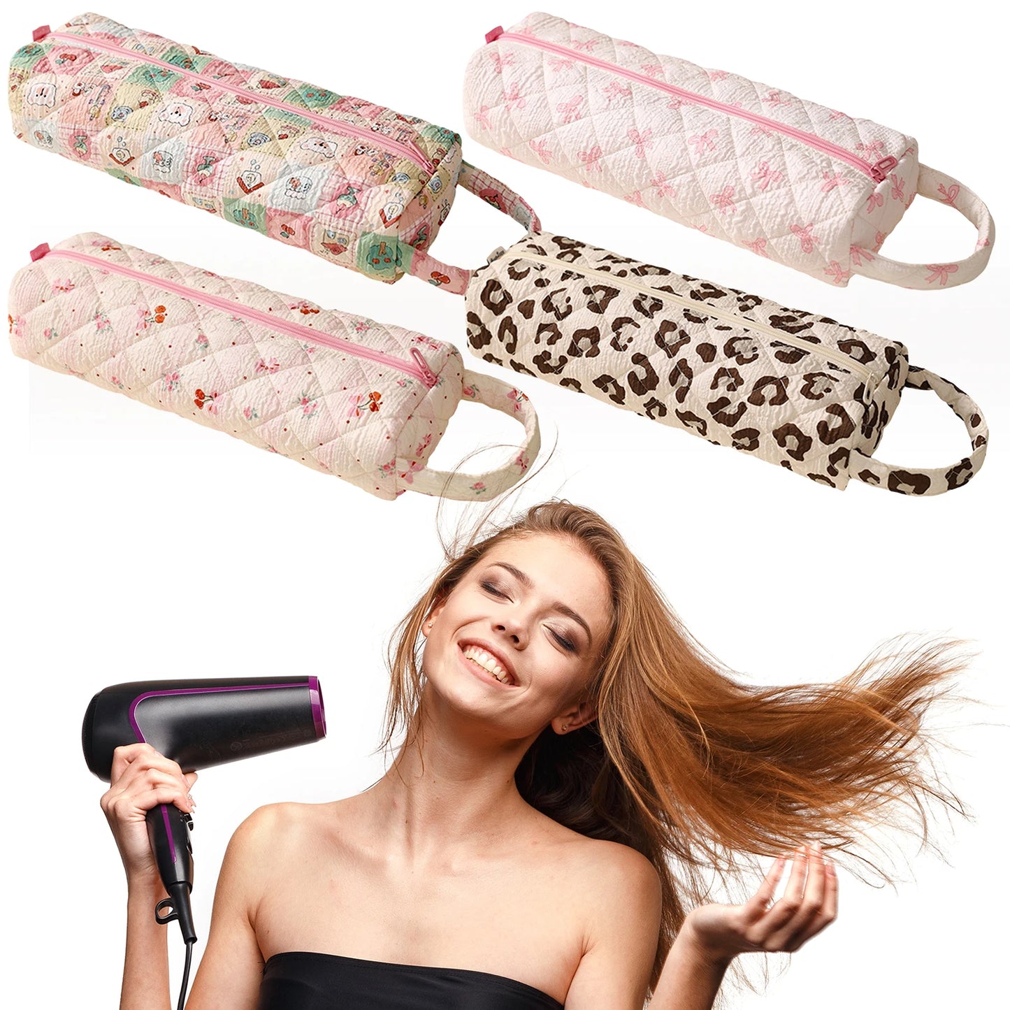 Quilted Travel Storage Bag Large Capacity Padded Curling Clip Protect Sleeve Hair Dryer Carrying Case for Outdoor Travel Commute